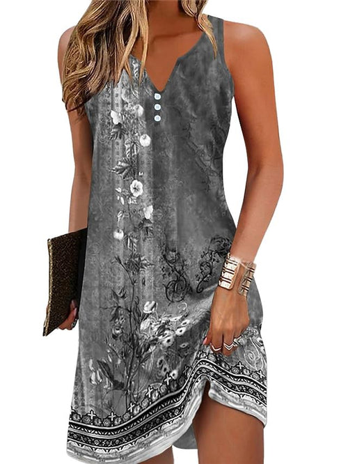 A-Line Elegant Vintage V-Neck Floral Printed Sleeveless