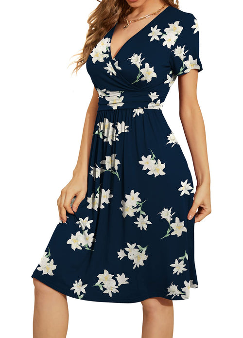 Casual  Short Sleeve V-Neck Floral Party Dress with Pockets