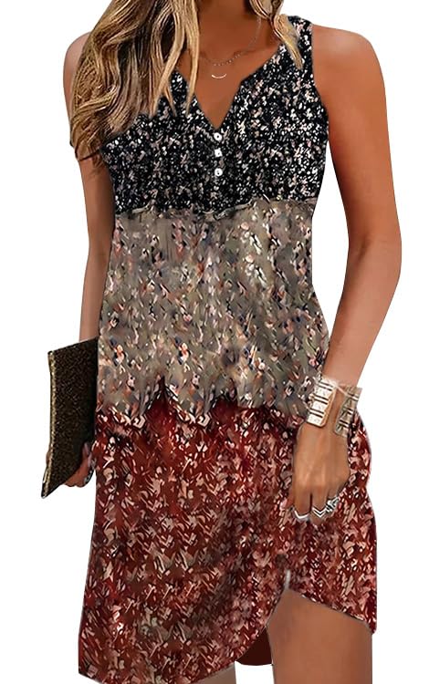 A-Line Elegant Vintage V-Neck Floral Printed Sleeveless