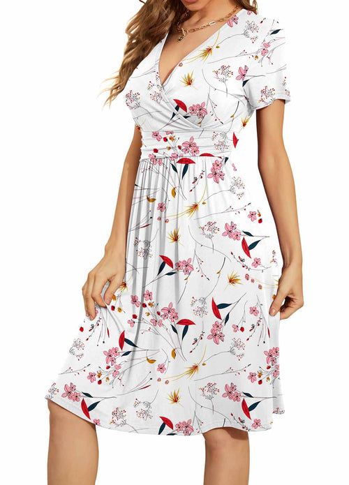 Casual  Short Sleeve V-Neck Floral Party Dress with Pockets