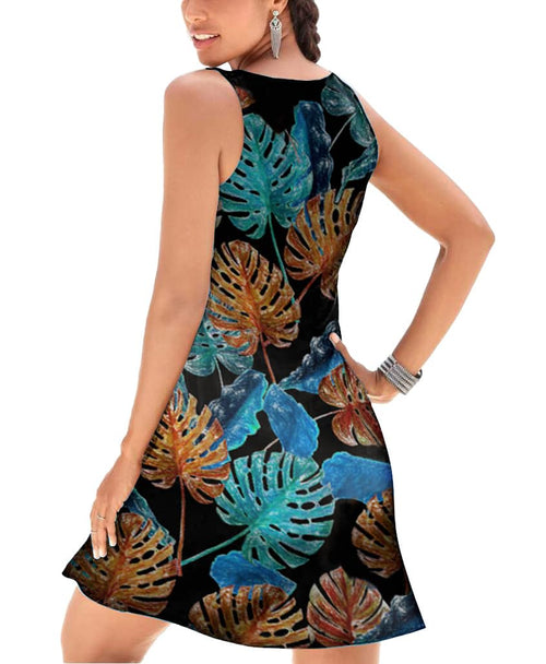 A-Line Elegant Vintage V-Neck Floral Printed Sleeveless