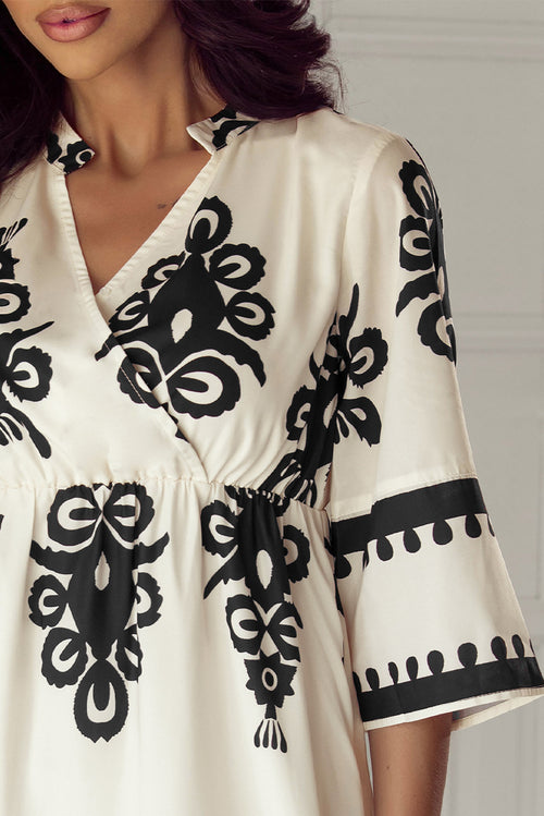 Beige Western Geometric Print 3/4 Sleeve Loose Midi