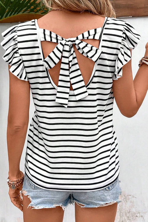 White Stripe V Neck Knotted Backless Ruffle