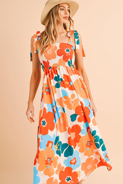 Orange 60s Floral Printed Shoulder Tie Smocked Maxi Dress