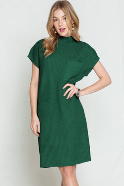 Blackish Green Patch Pocket Knit Short Sleeve Sweater Dress