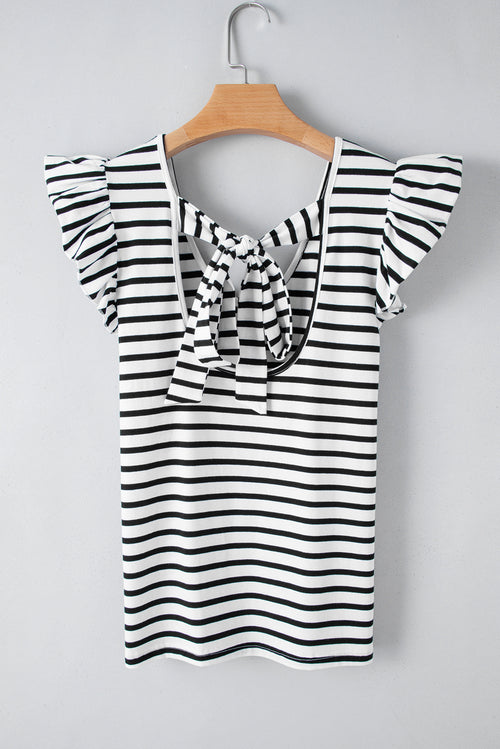 White Stripe V Neck Knotted Backless Ruffle