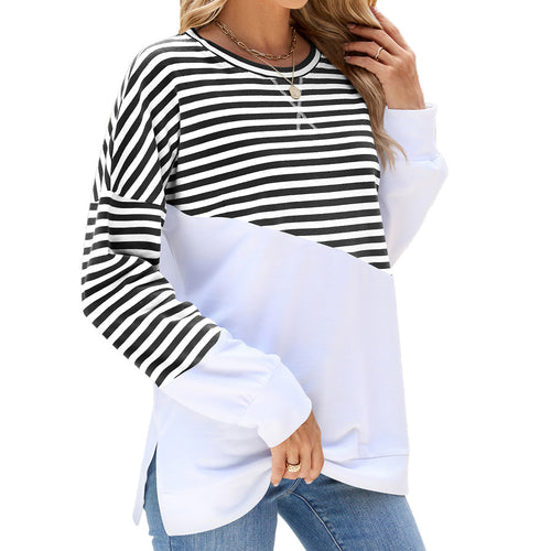 Striped Printed Long Sleeve Round Neck Pullover Split