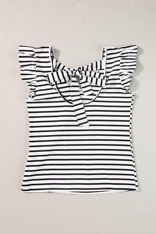 White Stripe V Neck Knotted Backless Ruffle