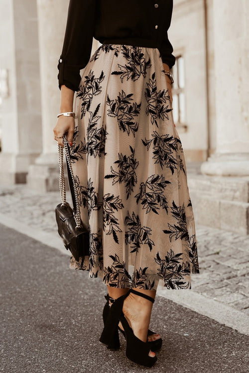Apricot Floral Leaves Embroidered High Waist Maxi