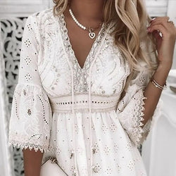 Women's New V-Neck White Hollowed Out Tassel Embroidered Dress