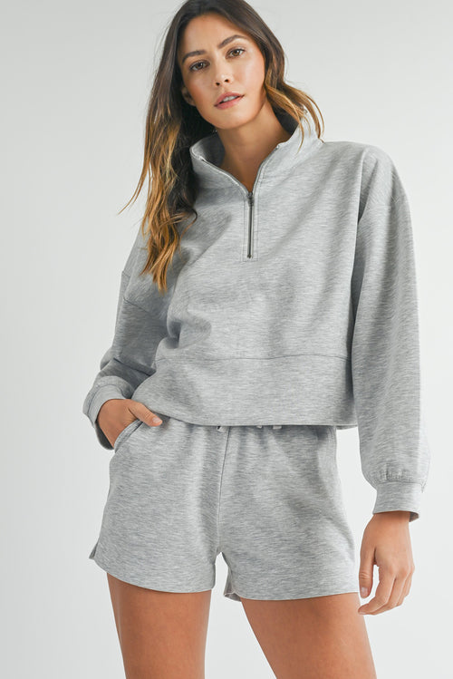 Light Grey Plain Quarter-Zip Pullover Top and Shorts Set