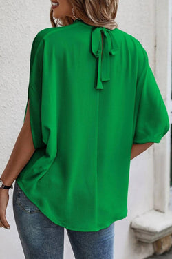 Heldergroene effen kleur geknoopte blouse met vleermuismouwen