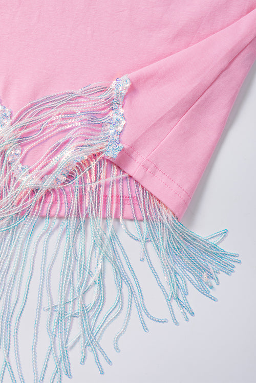 Pink Casual Fringe Sequin Hem Cropped