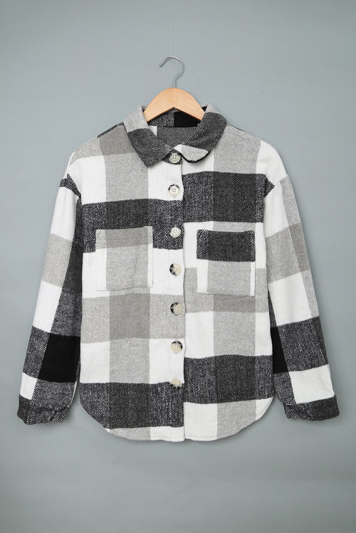 Grey Plaid Color Block Pockets Buttoned