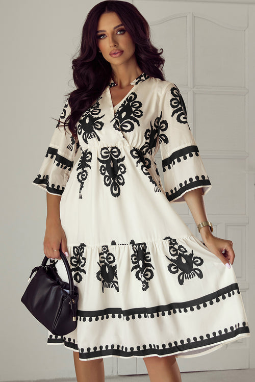 Beige Western Geometric Print 3/4 Sleeve Loose Midi