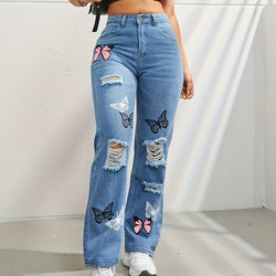 High Waisted Straight Leg Trendy Butterfly Print Ripped