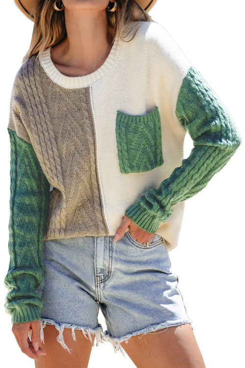 Vineyard Green Colorblock Pocket Drop Shoulder Sweater