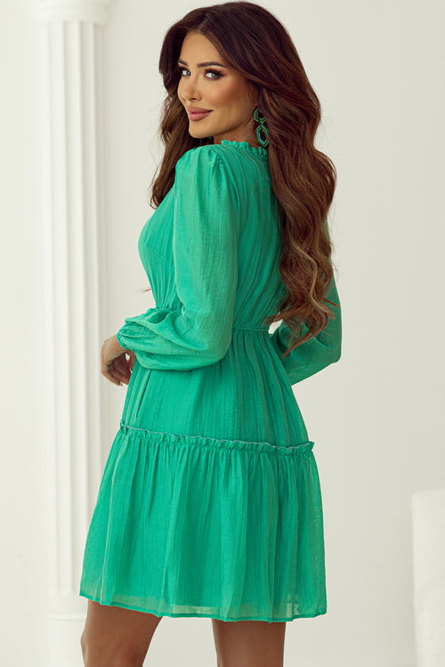 Sea Green Frilly V Neck Puff Sleeve Drawstring Shift Mini