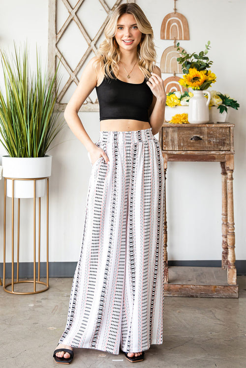 Beige Geometric Print Casual Shirred Wide Leg Pants