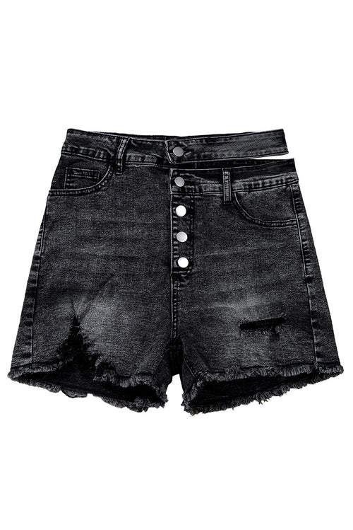 Black High Waist Multi Buttons Raw Edge Denim Shorts