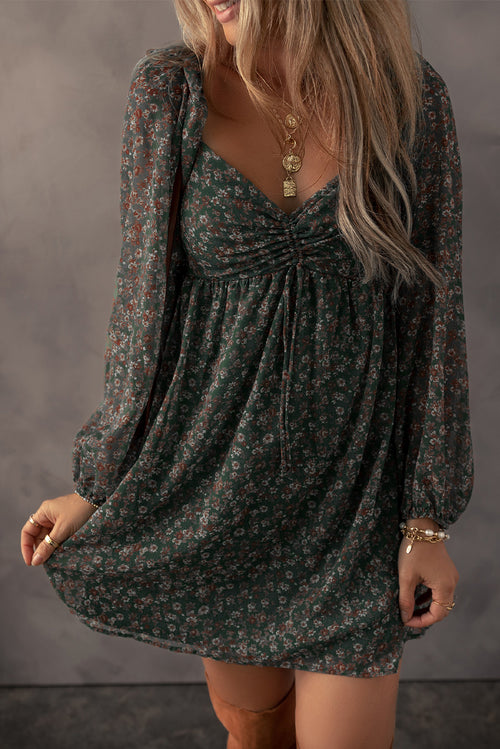 Green Floral Print Sweetheart Neck Shirred Back Mini