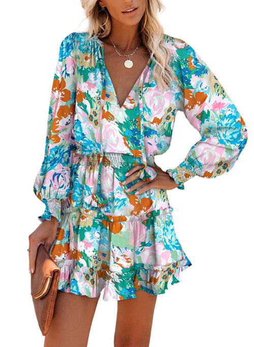 Floral Drawstring V Neck Smocked Long Sleeve Ruffle Tiered Chiffon