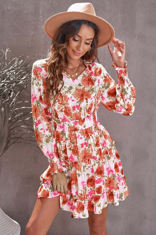 Floral Drawstring V Neck Smocked Long Sleeve Ruffle Tiered Chiffon