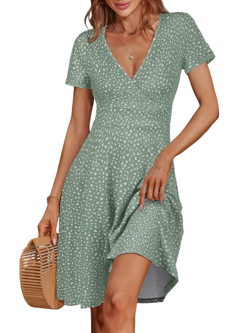 Short Sleeve V Neck Wrap Casual Midi