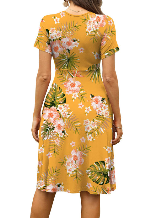 Casual  Short Sleeve V-Neck Floral Party Dress with Pockets