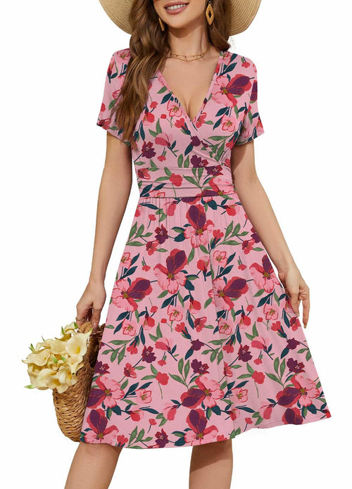 Casual  Short Sleeve V-Neck Floral Party Dress with Pockets