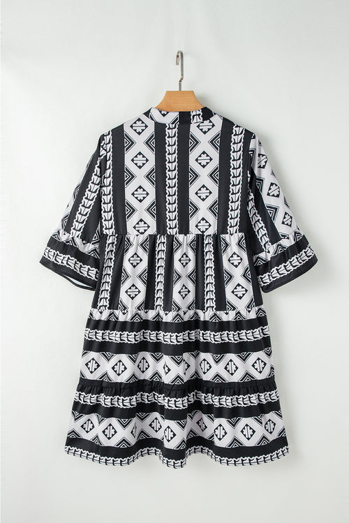 Black Geometric Print V Neck Ruffled