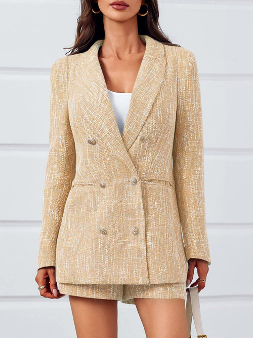 Cicy Bell  2 Piece Tweed Blazer Shorts Sets Long Sleeve Double Breasted Suit Jackets Business Outfit