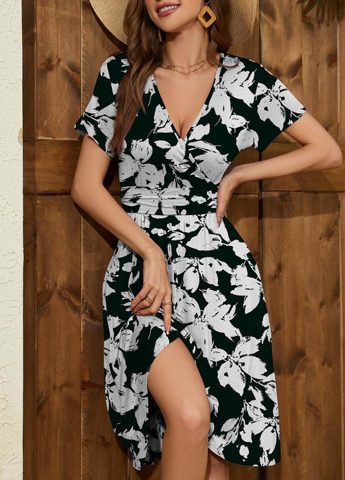 Casual  Short Sleeve V-Neck Floral Party Dress with Pockets