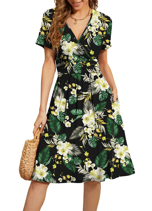 Casual  Short Sleeve V-Neck Floral Party Dress with Pockets