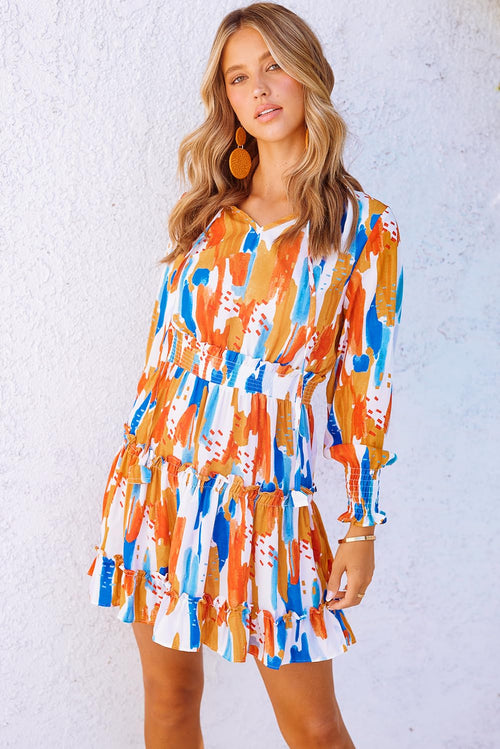 Floral Drawstring V Neck Smocked Long Sleeve Ruffle Tiered Chiffon