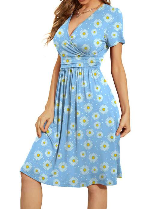 Casual  Short Sleeve V-Neck Floral Party Dress with Pockets