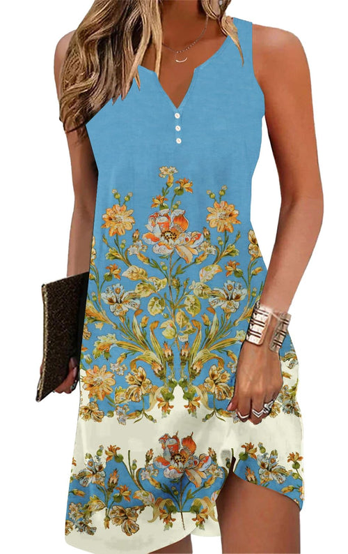 A-Line Elegant Vintage V-Neck Floral Printed Sleeveless