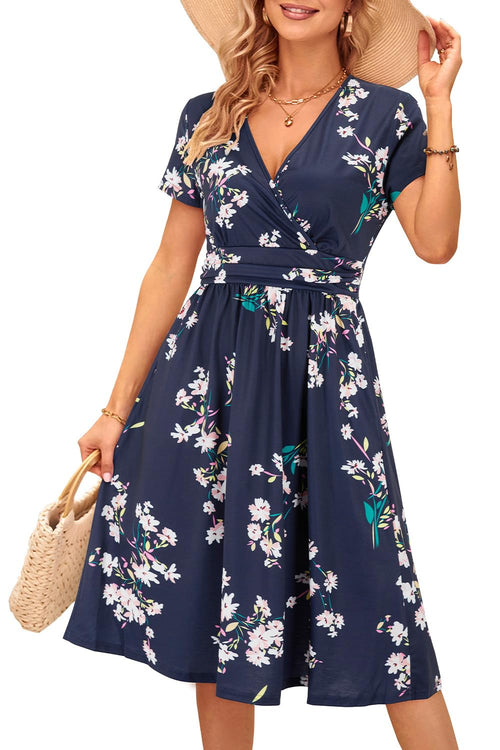 Cocktail Flowy Short Sleeve V-Neck Floral