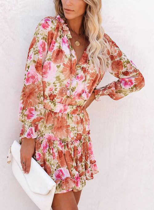 Floral Drawstring V Neck Smocked Long Sleeve Ruffle Tiered Chiffon