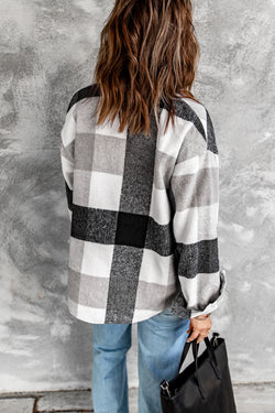 Grey Plaid Color Block Pockets Buttoned