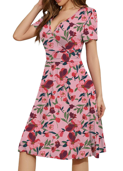 Casual  Short Sleeve V-Neck Floral Party Dress with Pockets