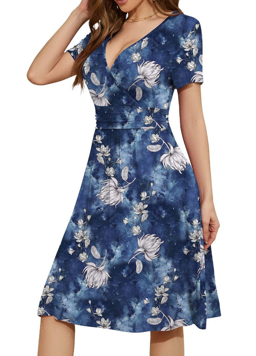 Casual  Short Sleeve V-Neck Floral Party Dress with Pockets