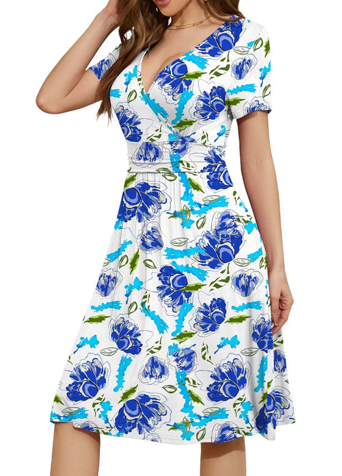 Casual  Short Sleeve V-Neck Floral Party Dress with Pockets