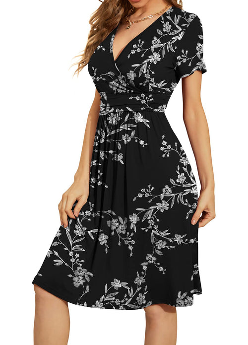 Casual  Short Sleeve V-Neck Floral Party Dress with Pockets