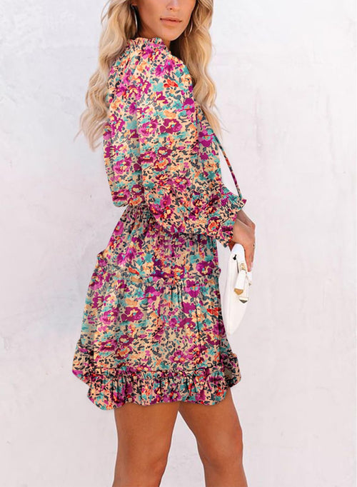 Floral Drawstring V Neck Smocked Long Sleeve Ruffle Tiered Chiffon