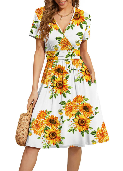 Casual  Short Sleeve V-Neck Floral Party Dress with Pockets