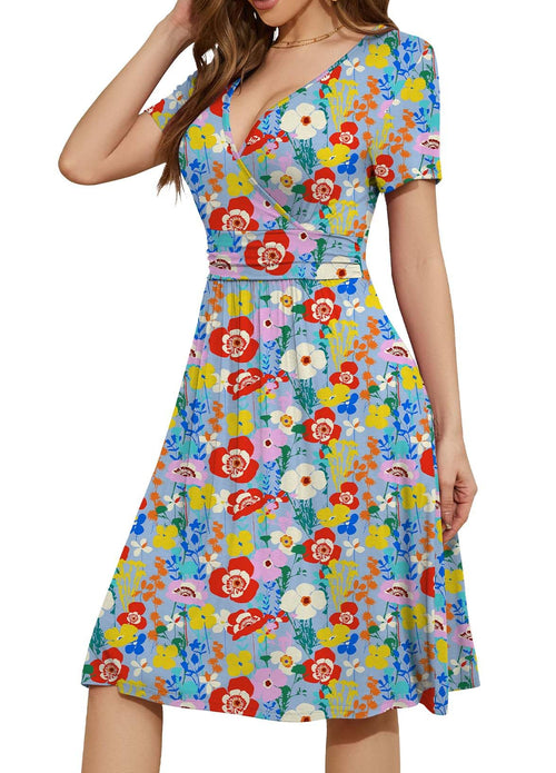 Casual  Short Sleeve V-Neck Floral Party Dress with Pockets