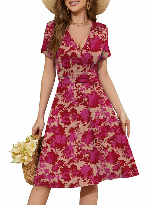 Casual  Short Sleeve V-Neck Floral Party Dress with Pockets