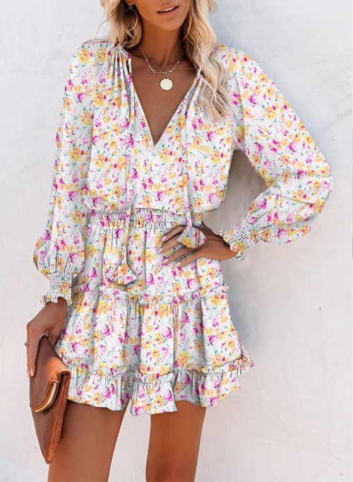 Floral Drawstring V Neck Smocked Long Sleeve Ruffle Tiered Chiffon