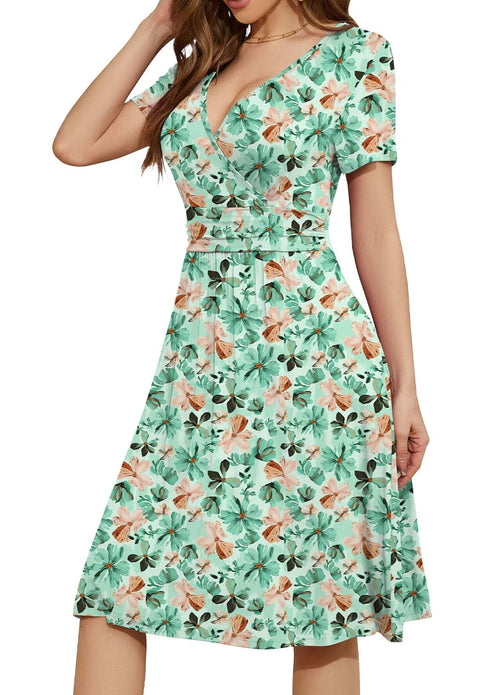 Casual  Short Sleeve V-Neck Floral Party Dress with Pockets